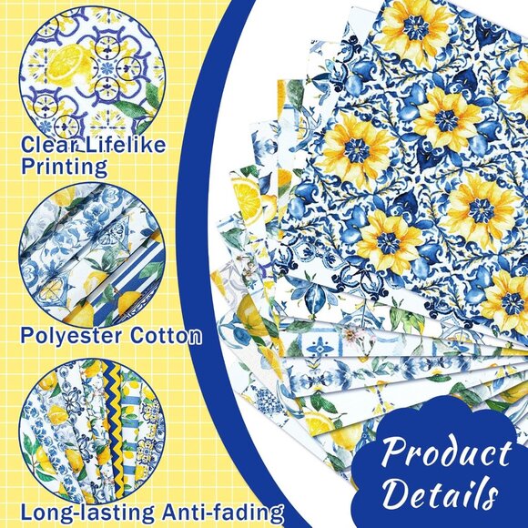 10 Pcs Quilted Fabric Bundle - Lemon Chinoiserie Floral Pattern, Multicolor, 18x - Picture 3 of 6